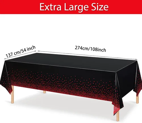 Vista 2 de Mantel desechable de plástico con lunares rojos y negros, 3 Mantel rectangular impermeable de 54 x 108 pulgadas, resistente al aceite