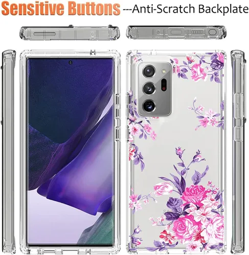 Vista 5 de Funda para Galaxy Note 20 Ultra, SM-N986U con protector de pantalla de vidrio templado, diseño floral a prueba de golpes, funda protectora de cuerpo