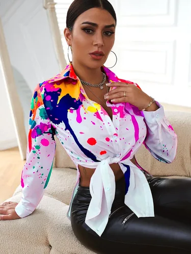 Vista 5 de GORGLITTER Blusa de manga larga para mujer, con estampado de salpicaduras y botones divididos