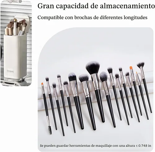 Vista 6 de Soporte de cepillo de maquillaje de elevación automática con tapa a prueba de polvo organizadores cosméticos para tocador-blanco