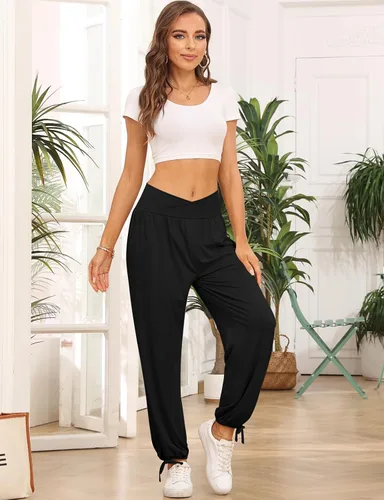 Vista 3 de TARSE Pantalones deportivos tipo harem para mujer, de cintura alta, holgados, para descansar, yoga, con bolsillos, casuales, holgados