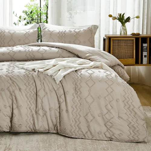Vista 2 de Andency Edredón individual caqui, ropa de cama geométrica copetuda de 2 01 - Caqui