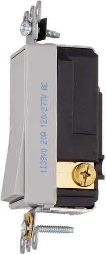 Vista 2 de Leviton Interruptor basculante silencioso de CA de un solo polo Decora Plus de 20 amperios, 120/277 voltios, 5621-2GY, gris