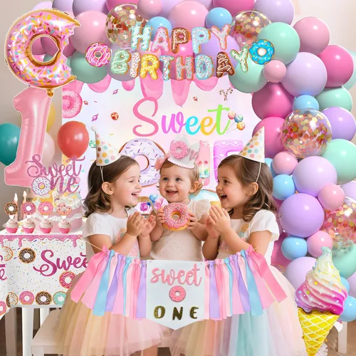 Vista 3 de Decoraciones de primer cumpleaños para niña, decoración de primer cumpleaños con telón de fondo, cajas de globos, mantel, decoración de pastel