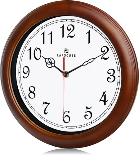 Vista 6 de Lafocuse Reloj de pared silencioso de madera maciza de 12 pulgadas, funciona con pilas, reloj de pared analógico marrón para decoración de sala