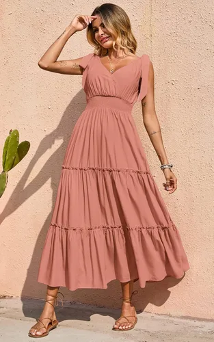 Vista 4 de Prettygarden Vestido largo de verano, con cuello cruzado, para mujer, sin mangas, escalonado, con tirantes fruncidos, para la playa, vestido largo