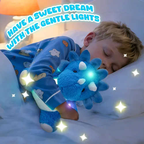 Vista 2 de Glow Guards Peluche de dinosaurio Triceratops de 12 pulgadas, juguete de peluche de dinosaurio suave con luces nocturnas mágicas y canción de cuna