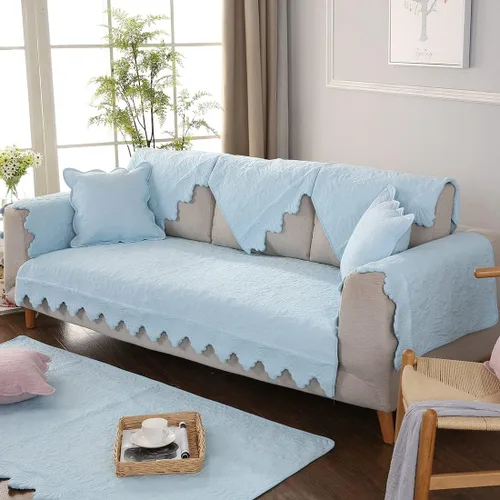 Vista 4 de Funda de sofá de algodón con bordado de hojas y flores, antideslizante, acolchada, protector de muebles para perros, niños y mascotas, lavable a Azul