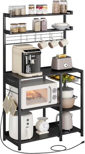 Vista 12 de VASAGLE Estante para panadero, soporte para microondas, estante de almacenamiento de cocina con cesta de alambre, 6 ganchos y estantes