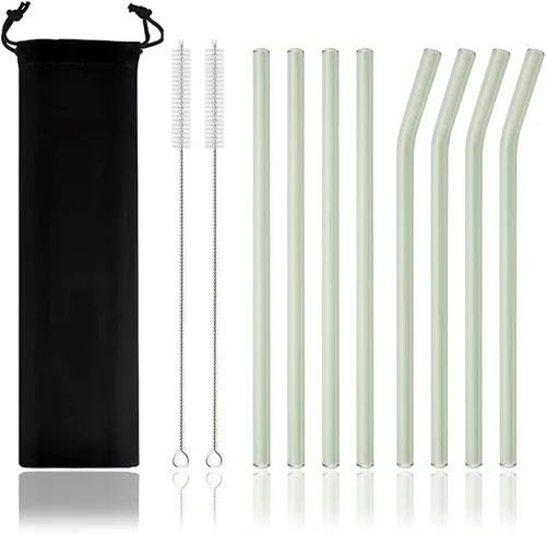 Vista 14 de JASHII Pajitas de vidrio reutilizables, pajitas transparentes de 7.87 x 0.3 pulgadas con cepillo limpio, estuche de viaje negro para bebidas Azul