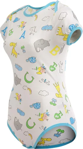 Vista 5 de Littleforbig Mameluco con botones en la entrepierna para bebés y amantes de los pañales (ABDL) - Patrón de jirafa y animales del zoológico Azul