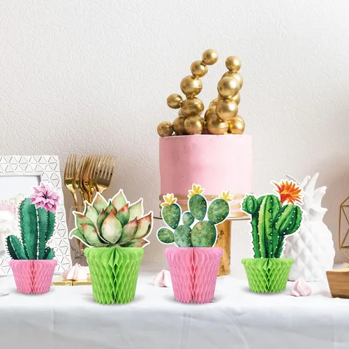 Vista 7 de Whaline 10 centros de mesa de cactus en forma de panal de abeja, decoración de papel suculento en maceta, decoración de cactus florecientes de Rosa