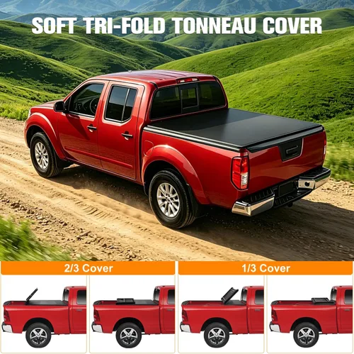 Vista 4 de Cubierta suave de tres pliegues compatible con Nissan Frontier 2005-2021 Fleetside cama de 5 pies sin sistema de riel de cama, cubierta de vinilo