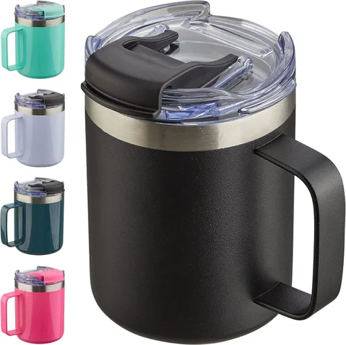Vista 32 de Taza de café aislada de 12 onzas con asa, taza de café de viaje de acero inoxidable con tapa abatible, vaso de café de doble pared con aislamiento
