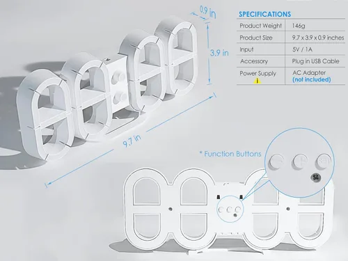Vista 6 de KOSUMOSU Reloj digital 3D LED de pared, reloj de escritorio de 9.7 pulgadas, reloj LED para sala de estar, dormitorio, control remoto, temperatura