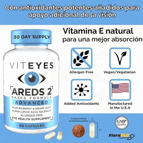 Vista 5 de Viteyes AREDS 2 Soporte macular avanzado con arándano, semilla de uva, luteína FLORAGLO, selenio, vitamina E natural, libre de alérgenos, vitaminas