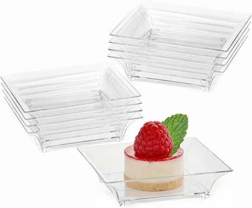 Vista 8 de Zezzxu 100 paquete de mini platos de postre con tenedores de degustación, 2.5 pulgadas pequeños platos cuadrados reutilizables de plástico