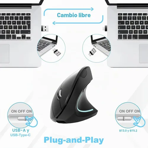 Vista 2 de Ratón Bluetooth tipo c y USB 2.4G, inalámbrico, inalámbrico, ergonómico, recargable, 800/1200/1600 DPI, botones para laptop, escritorio, PC