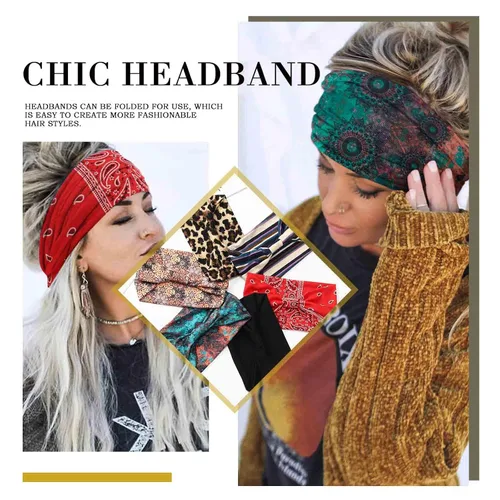Vista 4 de Olbye Diademas bohemias para mujer, diademas anchas anudadas, bandas elásticas para la cabeza, turbante antideslizante, diadema floral, diadema