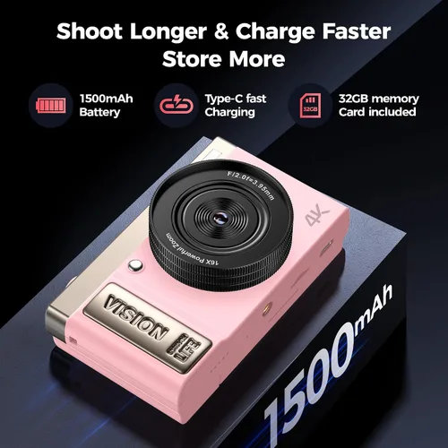Vista 5 de Cámara digital 4K rosa para niñas adolescentes: cámara de videoblogs de 64 megapíxeles con pantalla giratoria - zoom 16X - cámara compacta linda