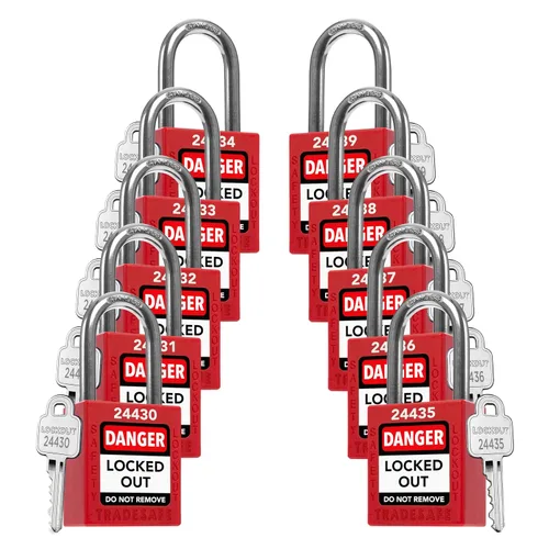 Vista 14 de TRADESAFE Juego de cerraduras de bloqueo - 7 cerraduras de loto rojas, cerraduras de bloqueo con llave diferente, 1 llave por cerradura, candados