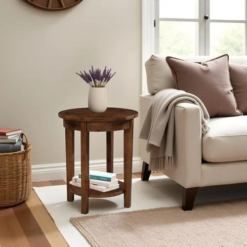 Vista 6 de Alaterre Furniture Revive - Mesa auxiliar redonda de 20 pulgadas con estante inferior para almacenamiento y personajes de madera únicos, muebles