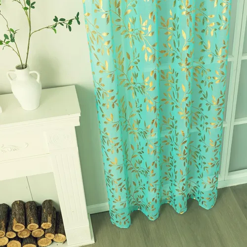 Vista 5 de Deeprove Cortinas traslúcidas color aguamarina y dorado de 63 pulgadas de largo, 2 paneles para decoración de dormitorio, cocina, decoración