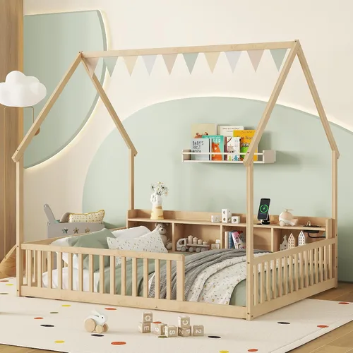 Vista 10 de Bellemave Twin House Floor Bed Frame,Espresso Solid wood montessori bed with storage shelves, built-in LED lights, charging station, no box spring