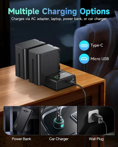 Vista 4 de FirstPower Paquete de 2 baterías NP-F970 y cargador dual USB para batería Sony NP-F970 F960 F950 F930 F750 F570 F550 F530 F330 y Sony Handycams