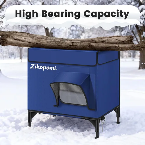 Vista 4 de Zikopomi Casa climatizada para gatos para exteriores con base elevada, casa para gatos al aire libre con 2 puertas de escape seguras, diseño