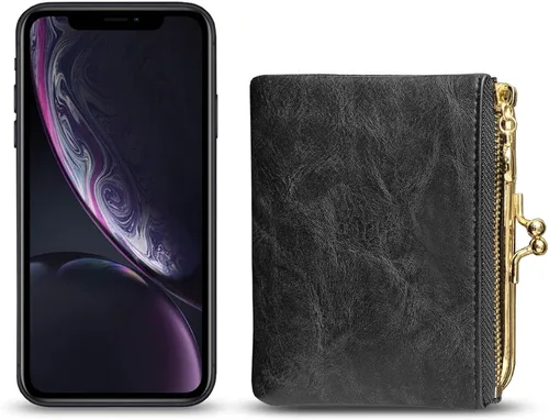 Vista 7 de Monedero para mujer pequeño con cremallera y bloqueo de beso, cartera Rfid, S, Gris