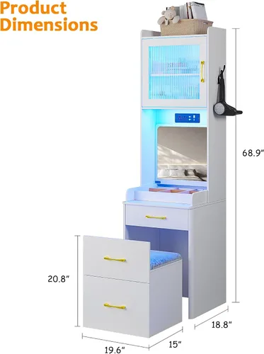 Vista 7 de Escritorio de tocador con estación de carga y taburete oculto, mesa de tocador de maquillaje con espejo abatible y luces, tocador con sensor