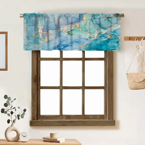 Vista 18 de Cortina de cenefa de mármol verde con venas doradas de mármol negro, diseño abstracto de lujo, elegante cenefa con bolsillo para barra, 1 panel