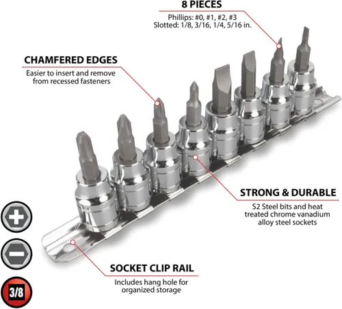 Vista 2 de Performance Tool 8 piezas 3/8" Dr. Juego de puntas para destornillador - W38860