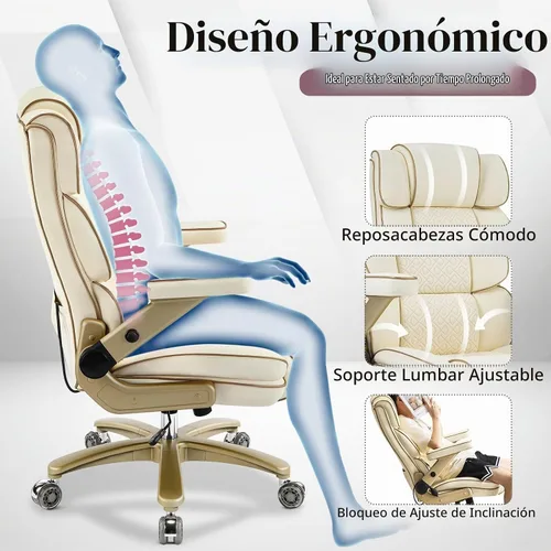 Vista 7 de Silla de oficina grande y alta, 500 libras, reposabrazos 5D, silla ejecutiva de cuero resistente con asiento cómodo, lumbar ajustable, respaldo Beige
