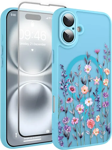 Vista 98 de Magnético para iPhone 13 con protector de pantalla [Compatible con MagSafe] Diseño de patrón floral de flores bonitas, funda delgada a prueba