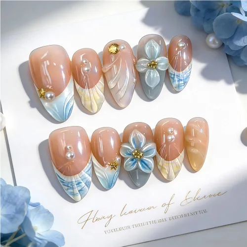 Vista 34 de Uñas postizas a presión medianas con diseño geométrico blanco almendra – 24 uñas postizas reutilizables de ABS brillante, fácil de aplicar, juego