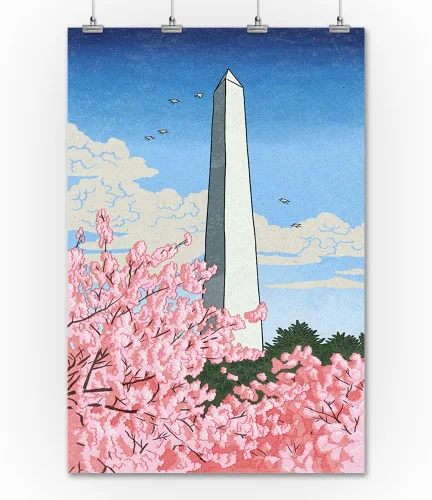Vista 2 de Washington, DC, Monumento de Washington, Flores de cerezo (36 x 54 pulgadas, póster de viaje para decoración de pared)