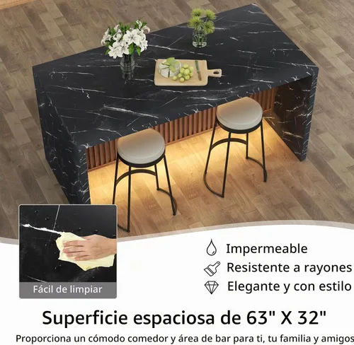 Vista 4 de Mesa de comedor grande de imitación de mármol de 63" para 4-6 personas (patente pendiente), mesa de isla con luces LED, mesa de comedor de cocina