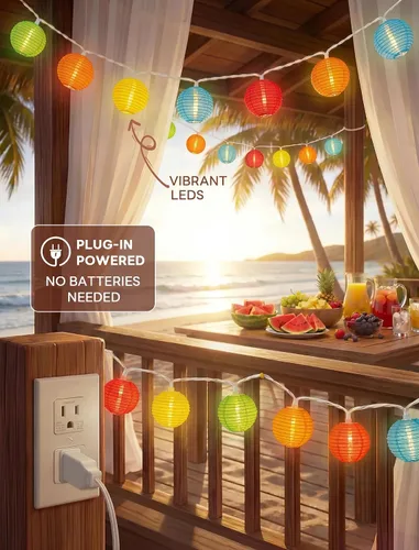 Vista 4 de Guirnalda de luces multicolor para exteriores, tira de luces de patio de 8.5 pies con 10 mini linternas colgantes, luces decorativas impermeables