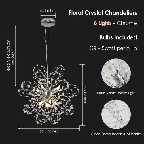 Vista 2 de Candelabros de cristal de fuegos artificiales, moderna lámpara de diente de león cromada, lámpara colgante Sputnik de 8 luces para dormitorio, isla