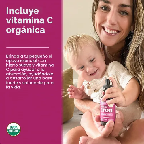 Vista 3 de Líquido de hierro para niños pequeños con vitamina C, sabor orgánico de bayas