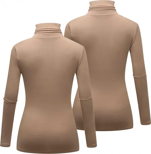 Vista 3 de Formeet17 Paquete de 2 camisetas de manga larga con cuello alto para mujer básicas elásticas cómodas de cuello alto