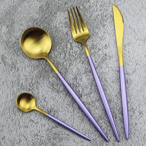 Vista 12 de Juego de cubiertos de oro mate, 5 piezas de acero inoxidable 18/10 con acabado satinado, servicio para 1, cuchara tenedor de cuchillo con pajitas