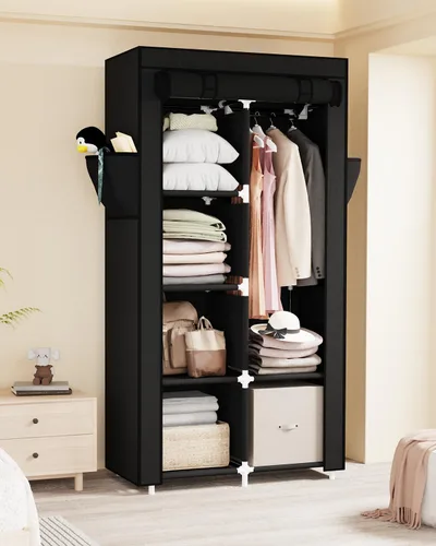 Vista 8 de Mavivegue Armario portátil, Armario de ropa, Armario portátil para colgar ropa, para dormitorio y sala de estar, Negro, 2 filas, 34" de ancho x 18