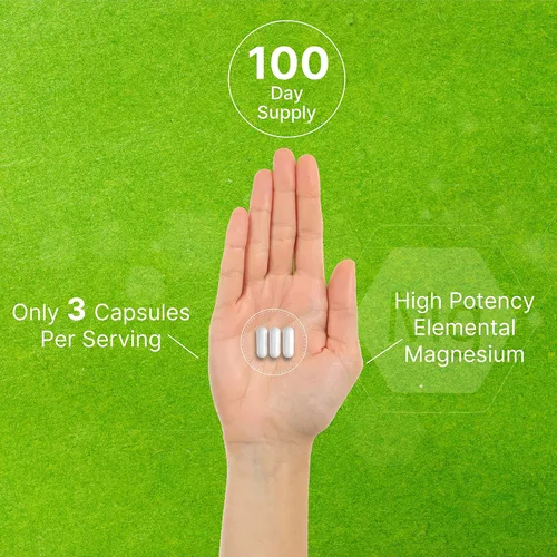Vista 5 de Glicinato de magnesio 400 mg, 300 cápsulas 100% quelado para una fácil absorción Suplemento mineral esencial para la salud muscular, el sueño