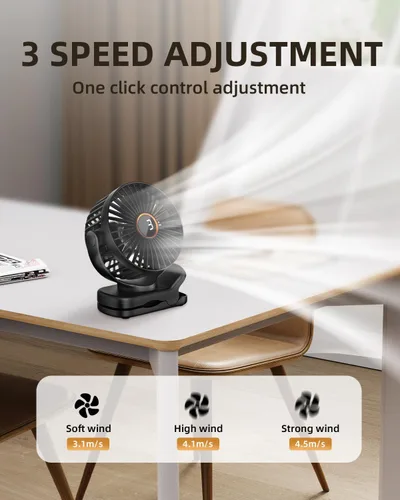 Vista 5 de TUNISE Mini ventilador con clip, ventilador de escritorio a pilas, pantalla digital, 3 velocidades ajustables, bidireccional ajustable de 360 °