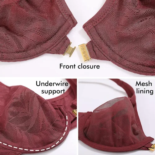 Vista 5 de AISILIN Sujetadores con cierre frontal para mujer, talla grande, sin forro, encaje suave, con aros