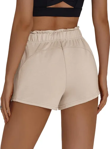 Vista 3 de PINSPARK Pantalones cortos deportivos para mujer, cintura alta, con cordón, pantalones cortos de entrenamiento de verano, suaves, casuales