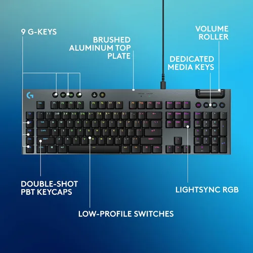 Vista 6 de Logitech G Teclado mecánico para juegos 915 X, teclas PBT de doble disparo, teclas totalmente programables, teclados RGB retroiluminados para MacPC